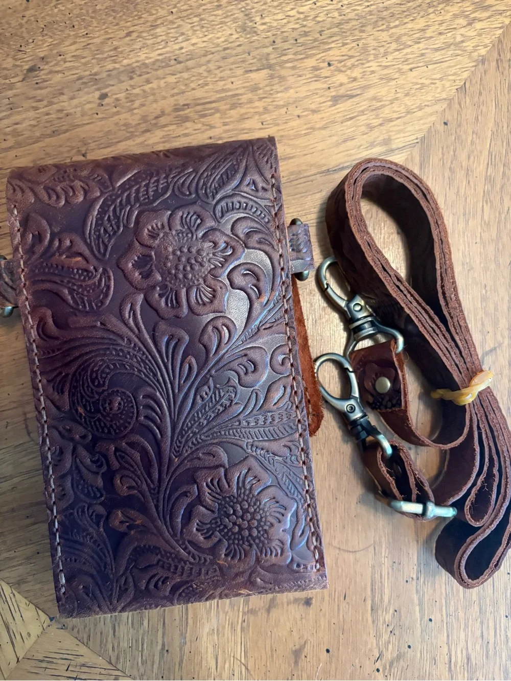 Brown Tooled Leather Crossbody Phone Pouch - Classic Men’s Bag